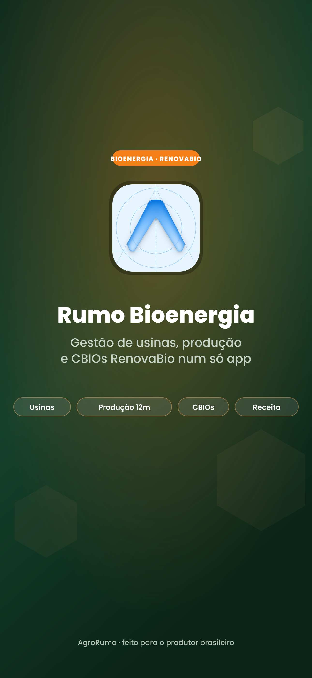 Tela inicial do app Rumo Bioenergia com a marca e os pilares: usinas, produção, CBIOs e receita
