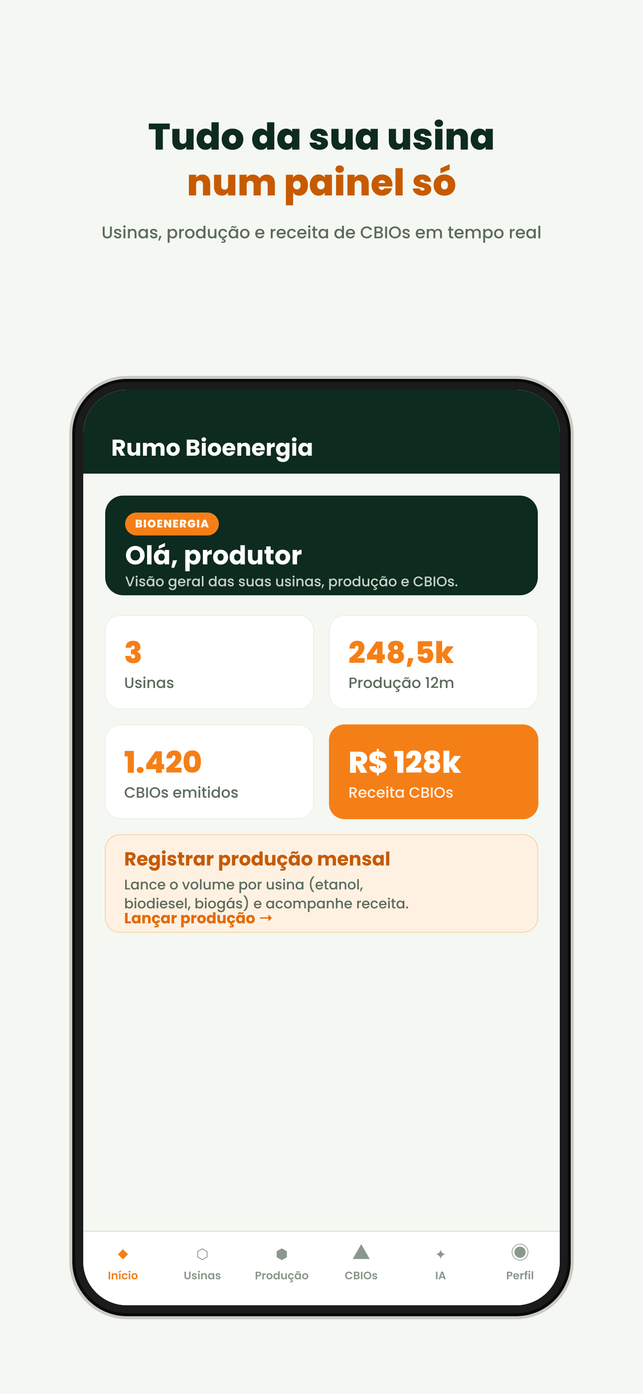 Painel do Rumo Bioenergia mostrando usinas, produção e receita de CBIOs (dados de demonstração)
