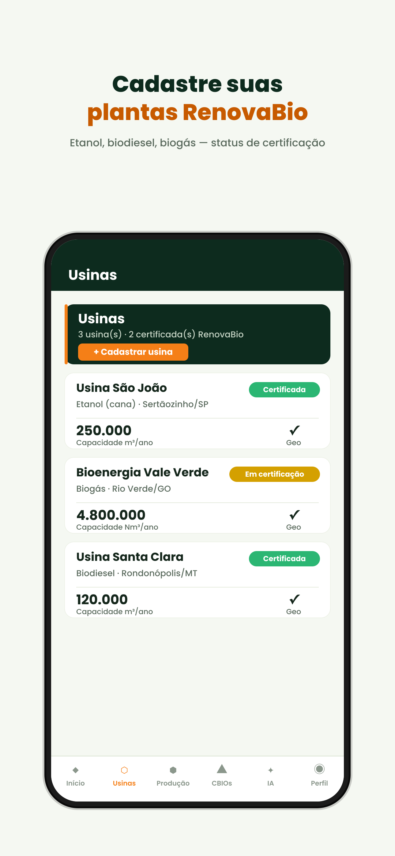 Tela de cadastro de usinas do Rumo Bioenergia, com tipo de planta e status RenovaBio (dados de demonstração)
