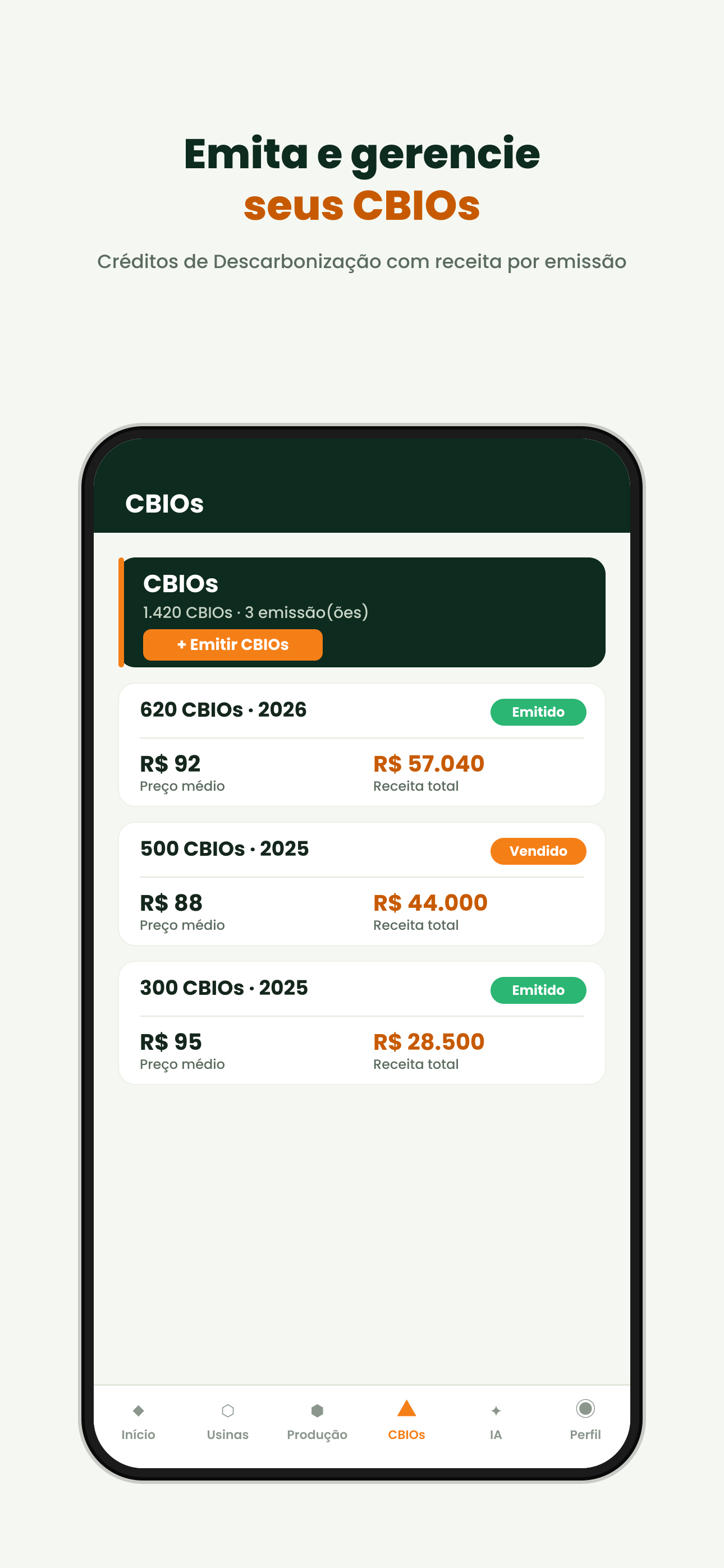 Tela de CBIOs do Rumo Bioenergia, com emissões por ano, preço médio e receita total (dados de demonstração)