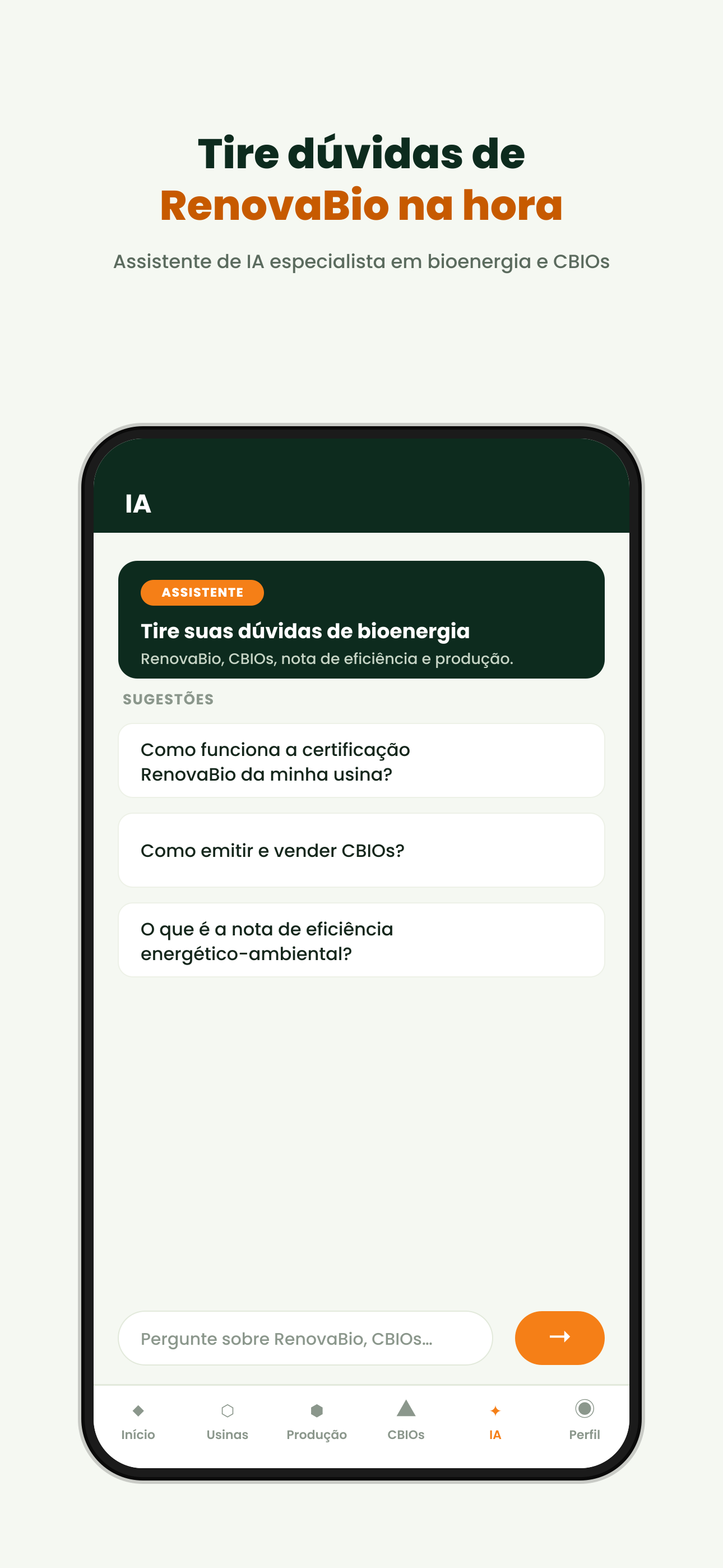 Assistente do Rumo Bioenergia com sugestões de perguntas sobre certificação RenovaBio e CBIOs